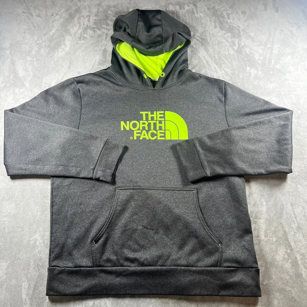 The North Face Mens Hoodie Large Grey Neon‎ Green Pullover Sweatshirt A2HG